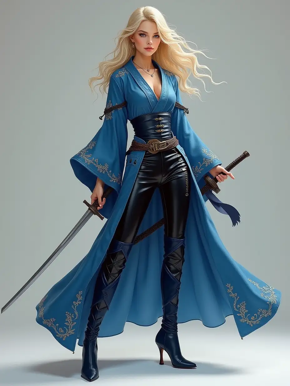 full body shot, frontal shot, pretty young female warrior, embroidered blue robes, black leather pants, high heel blue leather boots, age 17, very beautiful european face, blonde hair, full lips, wielding one short sword and one wakizashi