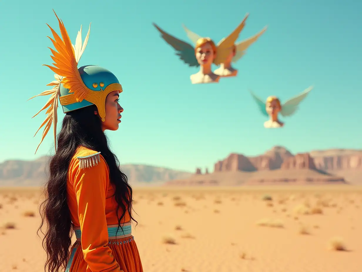 Native-American-Woman-in-Futuristic-Outfit-Watching-Flying-Bust-Models-in-Sunny-Desert