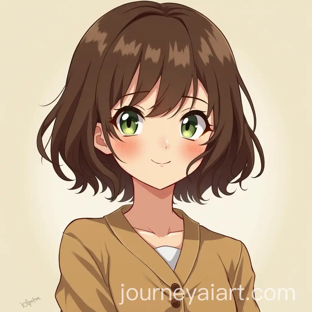Shy-Smiling-BrownHaired-Girl-in-Classic-Tan-Clothing-with-Light-Green-Eyes