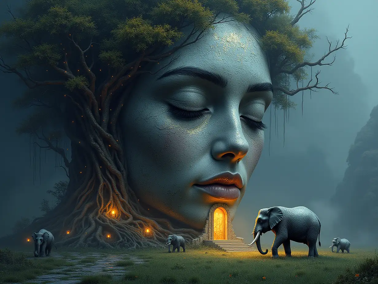 Creating a digital painting of a face with hair, that transforms into a building with silver stones and illuminated trees with roots and lanterns and strange Elephant creatures on a lawn