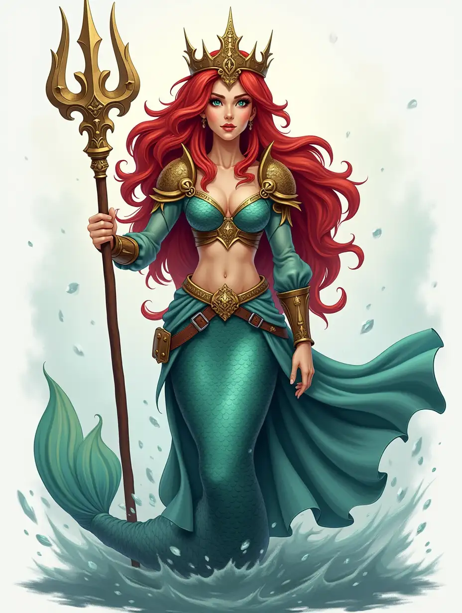 Warrior Mermaid Queen with Trident and Fiery Red Hair in Hero Quest Style