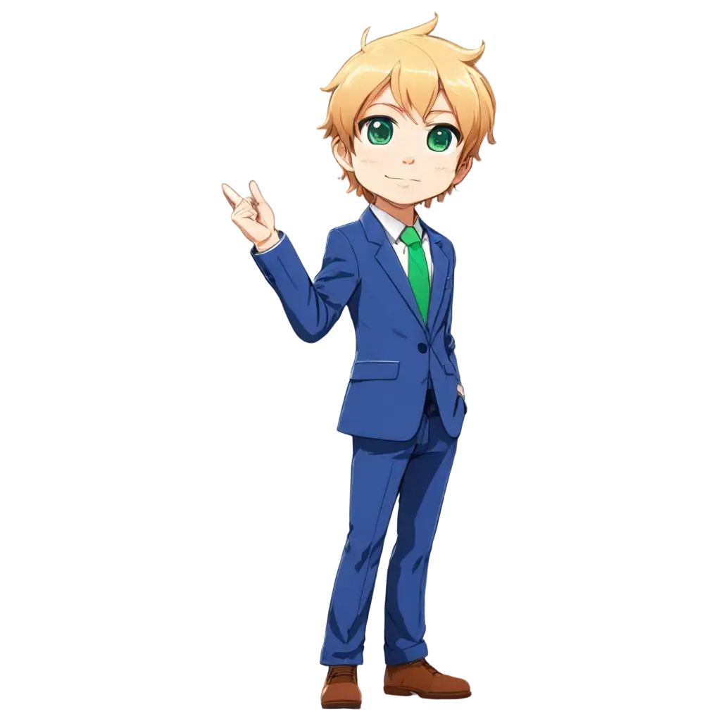 Chibi, anime, happy emote, boy, blonde hair, green eyes,light stubble, blue suit, white shirt,