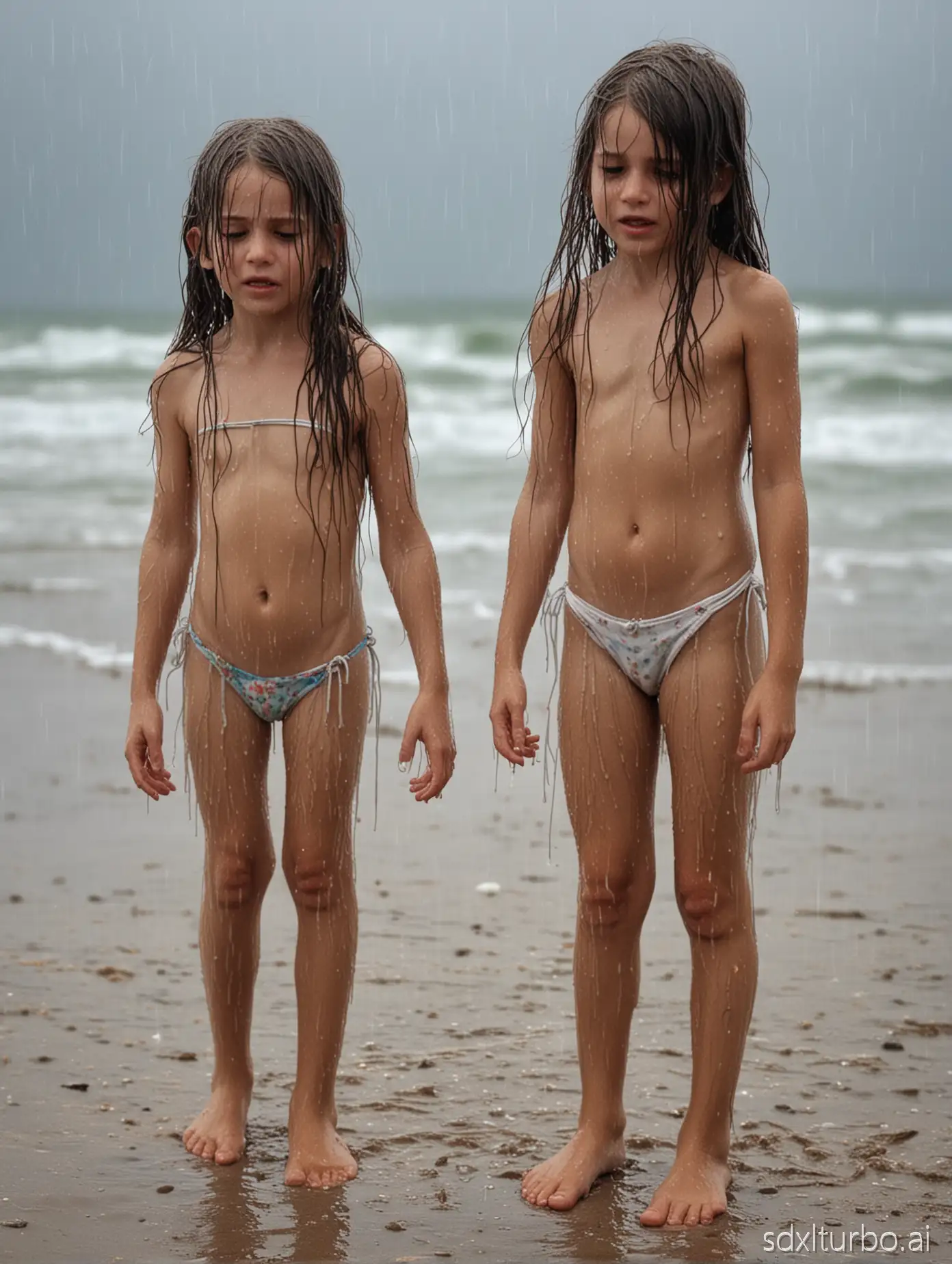 2 crying girls, 10 years old, slim, long messy hair, tight bandeau string bikini, barefoot, standing in beach, pouring rain, soaking wet