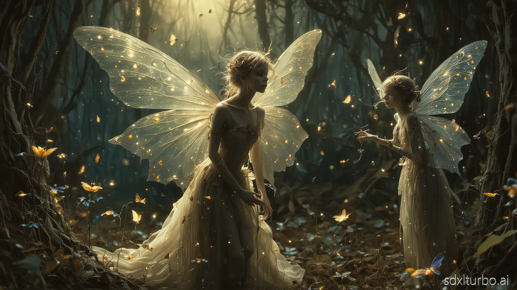 Surreal whimsical fairies and eerie creatures occupy a dreamlike atmosphere in a close-up photograph, intricate details and magical lighting enhancing their ethereal presence, fantasy concept art by Brian Froud and Alan Lee with vibrant colors, mystical ambiance, shot on Kodak Gold 400, 8k resolution, fairy dust, fireflies