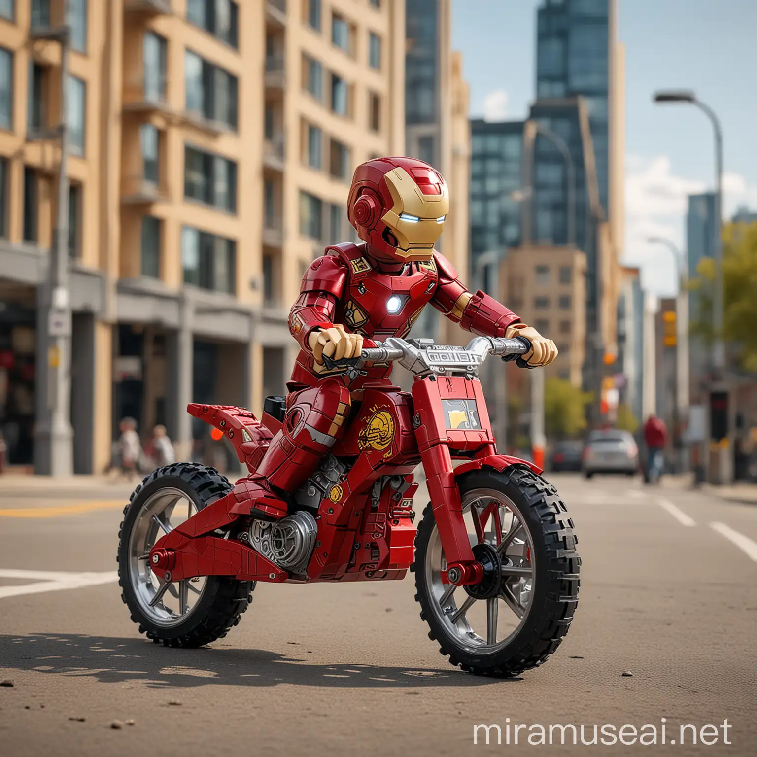 Child in Iron Man Costume Riding Red Bicycle in Lego City