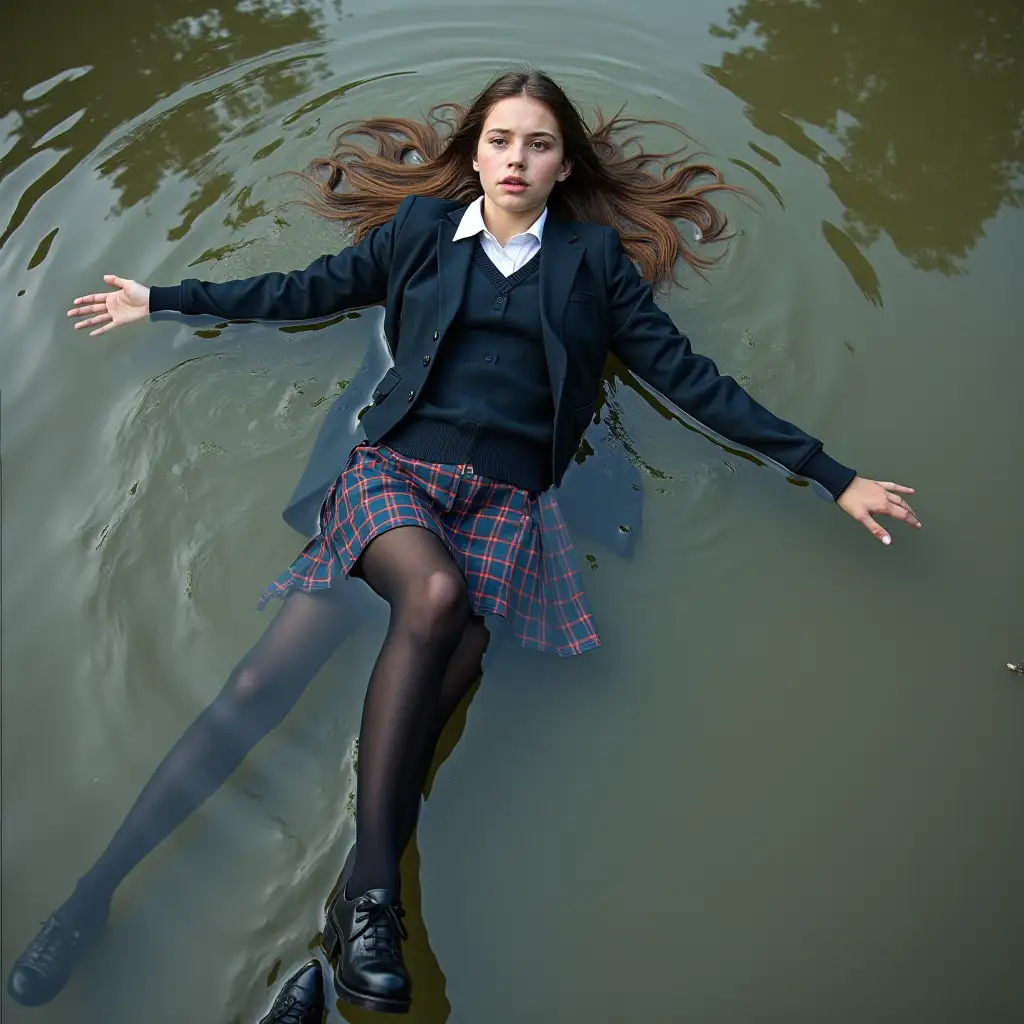 A schoolgirl in a school uniform, with a skirt, jacket, blouse, dark tights, high-heeled shoes. Swims in a dirty pond, clothes are completely wet, under water, lying completely in the water, full soaking, wet clothes stick to the body, immersion in water.