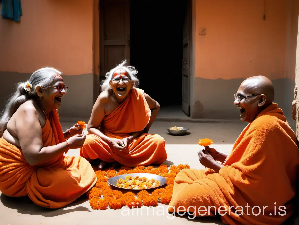 in an old  indian hindu ashram court yard , people are sitting on orange carpet on floor ...wearing orange bath towel , and a 75 years old  mature curvy woman monk wearing a spectacles and a flower garland on her shoulders is laughing with long open hair, all are eating food on leaf