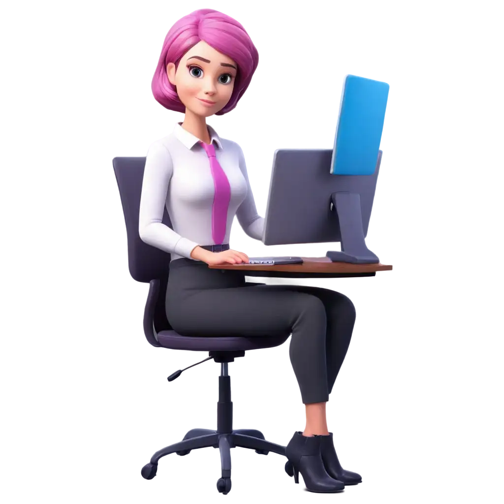 Create-3D-Character-Woman-with-Short-Pretty-Hair-Office-Worker-Sitting-in-Front-of-Computer-PNG-Image