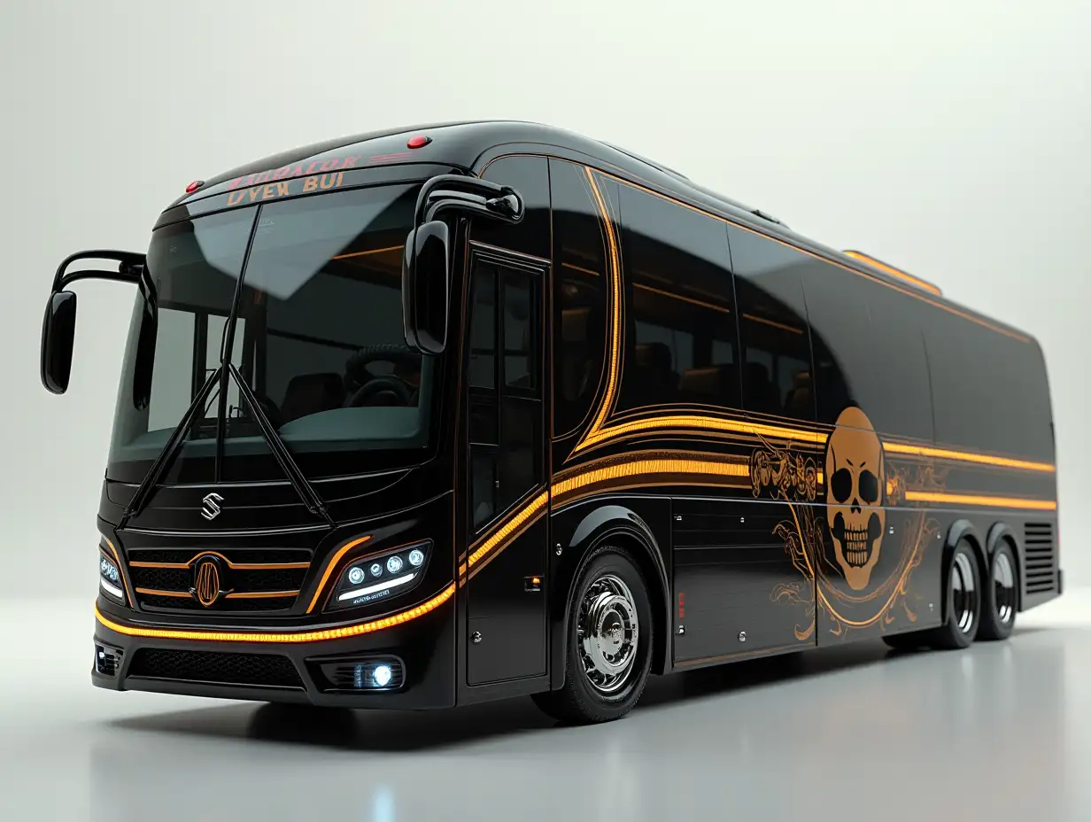 Supermodern utopian Sport Omnibus black with sports trim,golden stripes on the side with skull,lowered body, 18-inch wide wheels, aluminum rims, cream silver white brown cyberpunk.