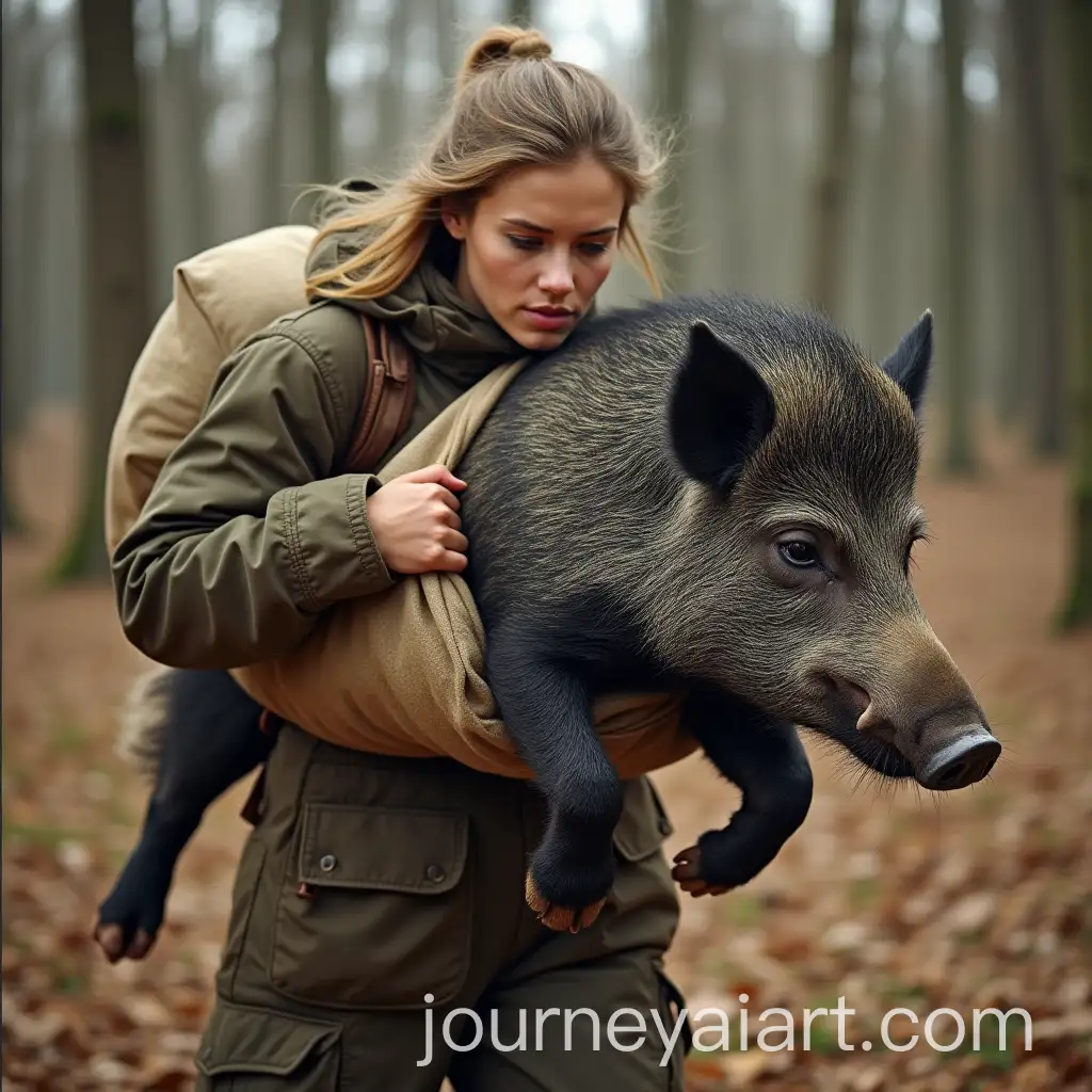 Woman-Capturing-Wild-Boar-in-Canvas-Sack-and-Carrying-it-on-Her-Back