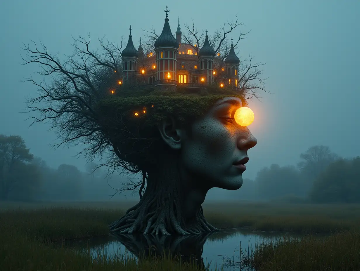 Face with hair transformed into a building with glass glowing spheres and roots Lit up on a meadow with lake