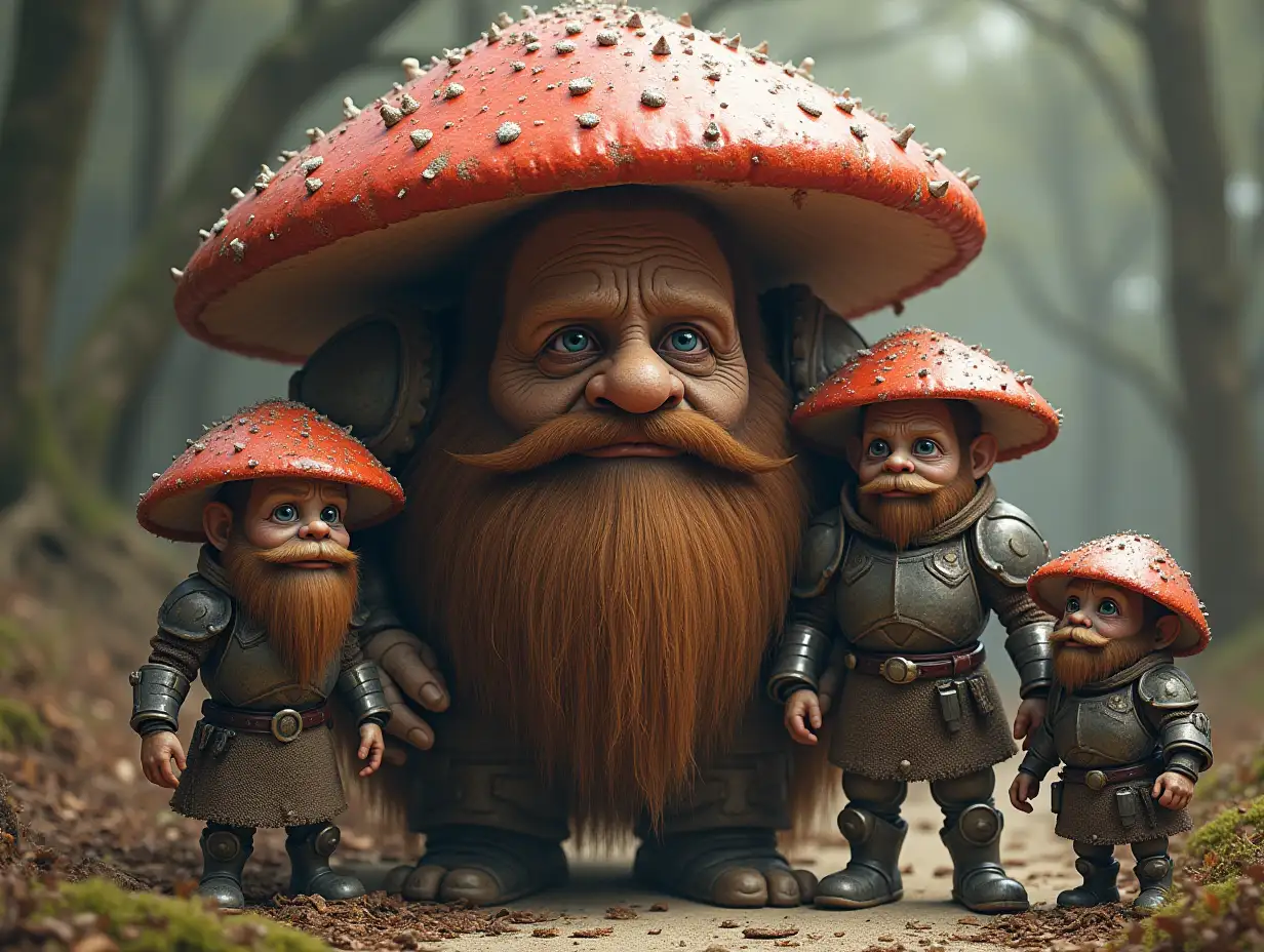 Ki fantasy Family giant Mushroom face with beard and with Metal armor equipment