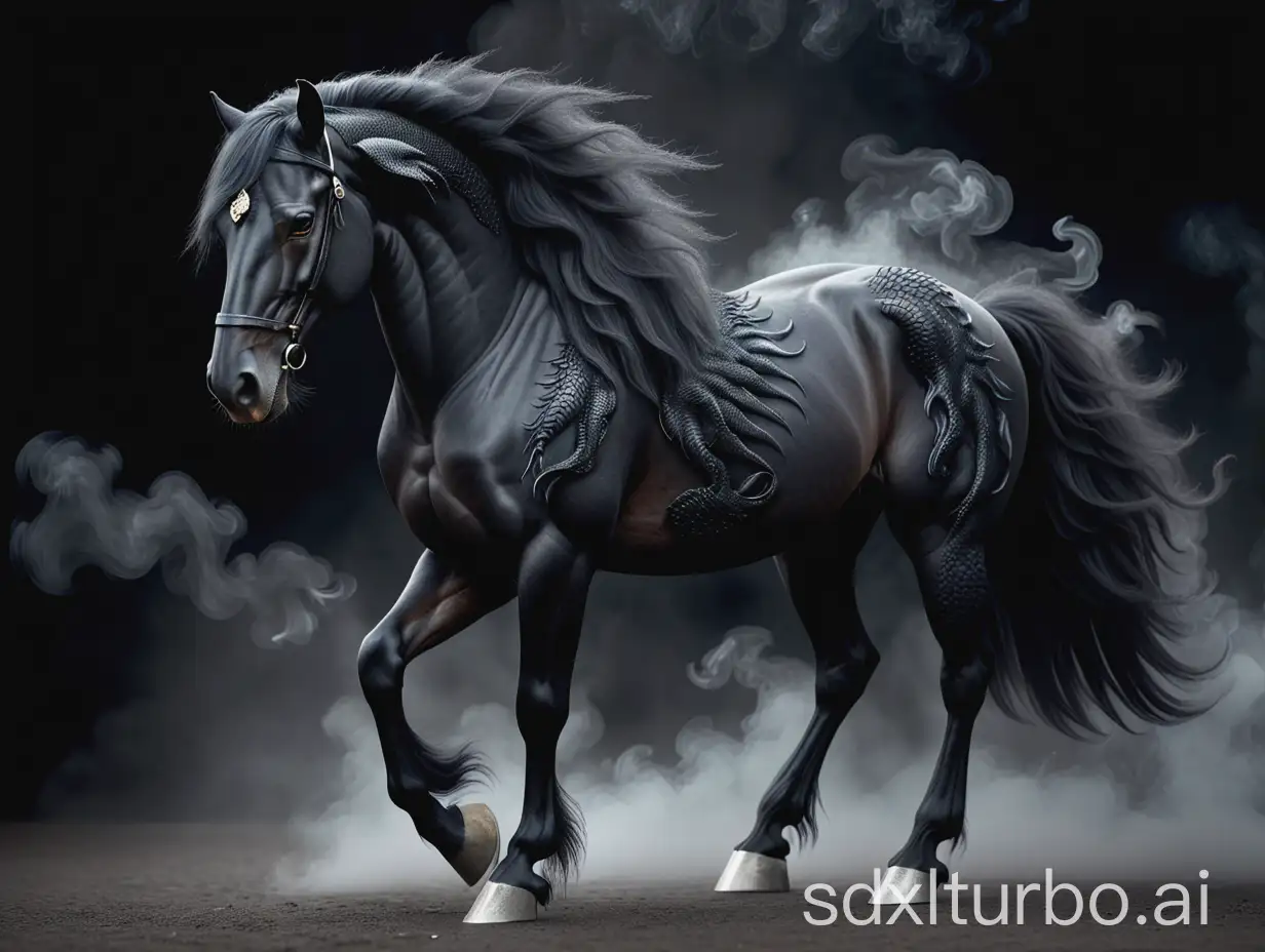 full body,RAW,8K,(masterpiece),(best quality),(extremely intricate),(sharp focus),(cinematic lighting),(extremely detailed),dark black friesian horse with (dragon head) fully covered by tiny scales,trotting,without wings,covered with tiny intricated scales,soft fur hooves,covered in scales,without mane,matte (black) little scales instead of fur,exhales puffs of smoke,large eyes,powerful,black scale,clever look,stately,majestic appearance,majestic pose,