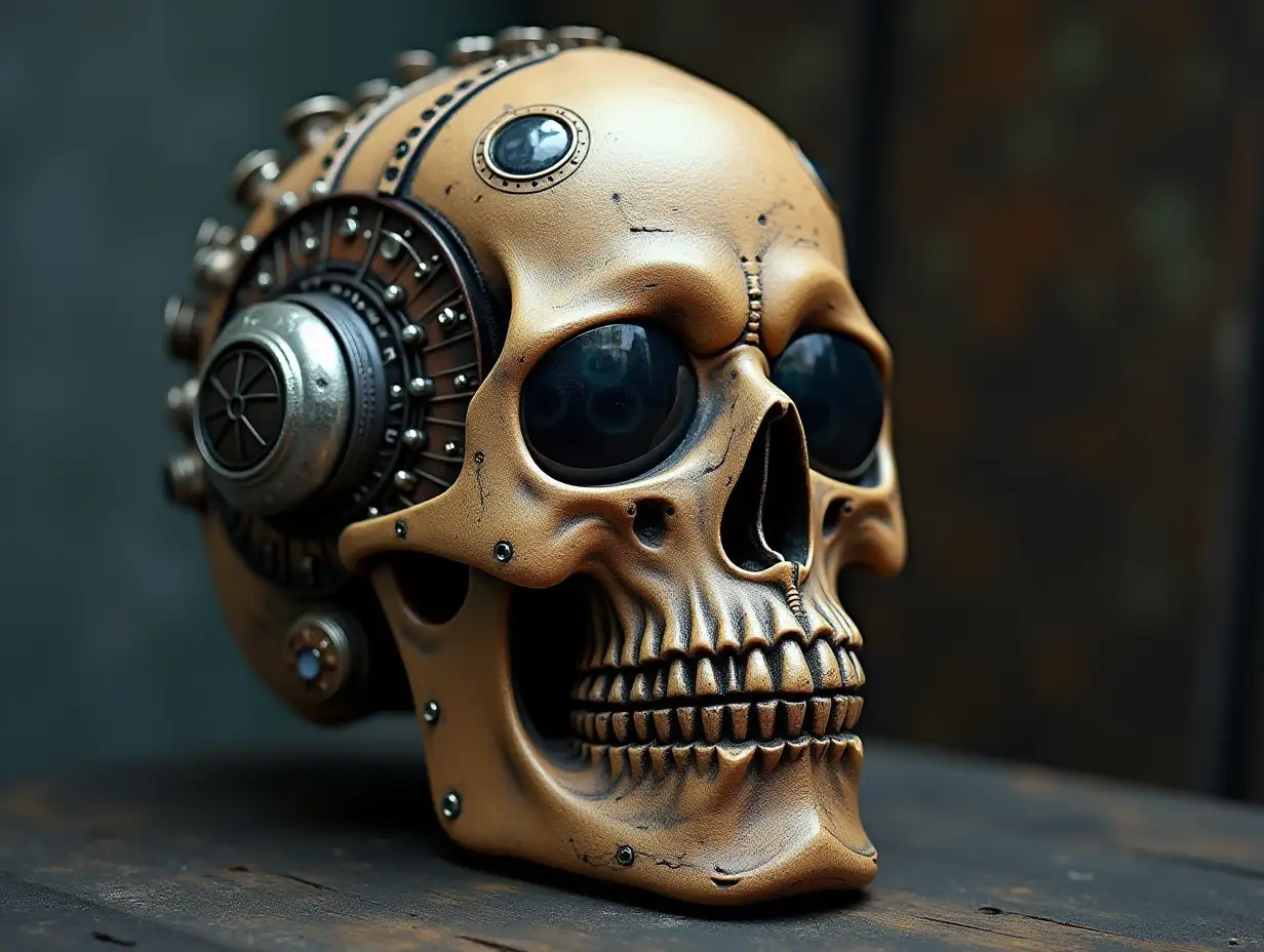 Cyber Totenkopf mit Glasaugen, Holz with Silver Ornaments Cyberpunk 100 mm Capture