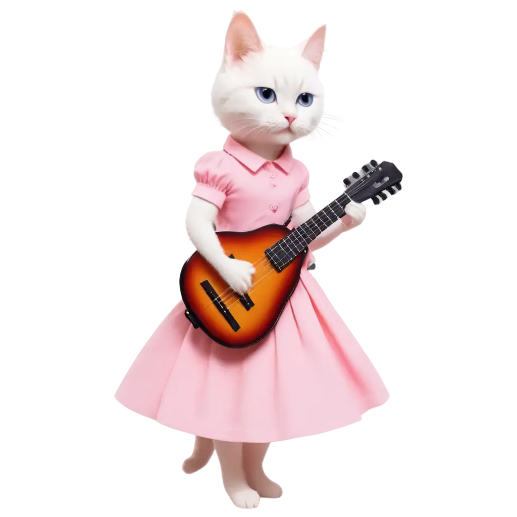 Adorable-White-Beauty-Cat-in-Pink-Shirt-and-Skirt-Playing-Mandolin-PNG-HighQuality-Image-for-Creative-Use