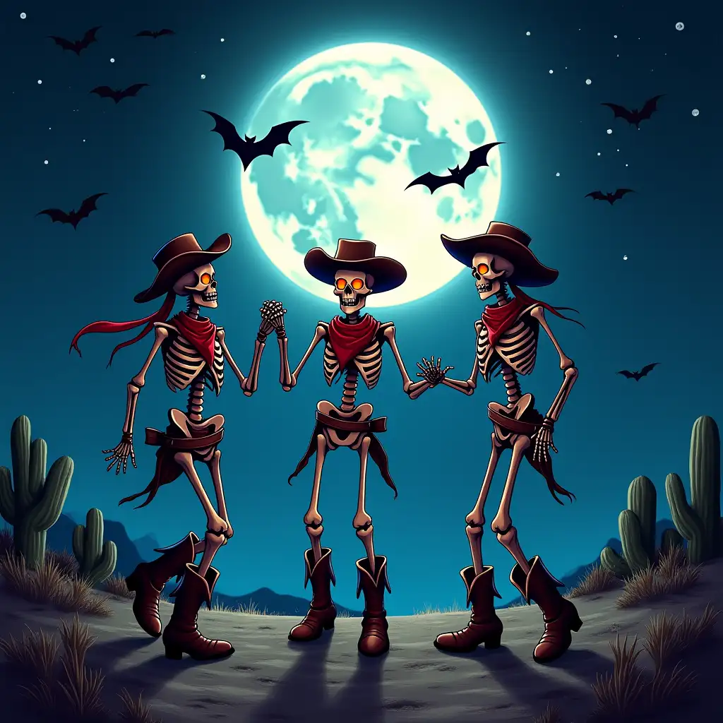 Three skeletons dressed in cowboy attire, dancing under a full moon. Bats fly around them, and stars twinkle in the night sky. The skeletons are wearing boots, hats, and bandanas, and they are holding hands and twirling. Western perspective background at night under moonlight. neon