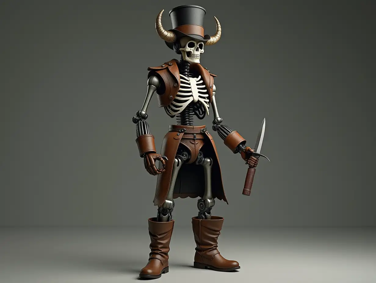 Create a high-resolution, realistic image of a robot with a skeleton body, brown leather boots and head of a fashion training suit, and a knife in hand with a top hat and horn in 4K resolution