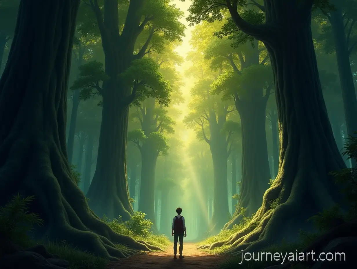 Cinematic-Anime-Digital-Painting-of-a-Lone-Traveler-in-an-Ancient-Forest-with-Colossal-Trees