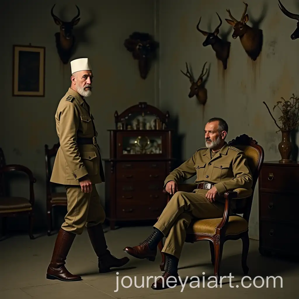 Old-Caucasian-Man-in-1960s-Soviet-Military-Clothing-in-Dark-Antique-Room