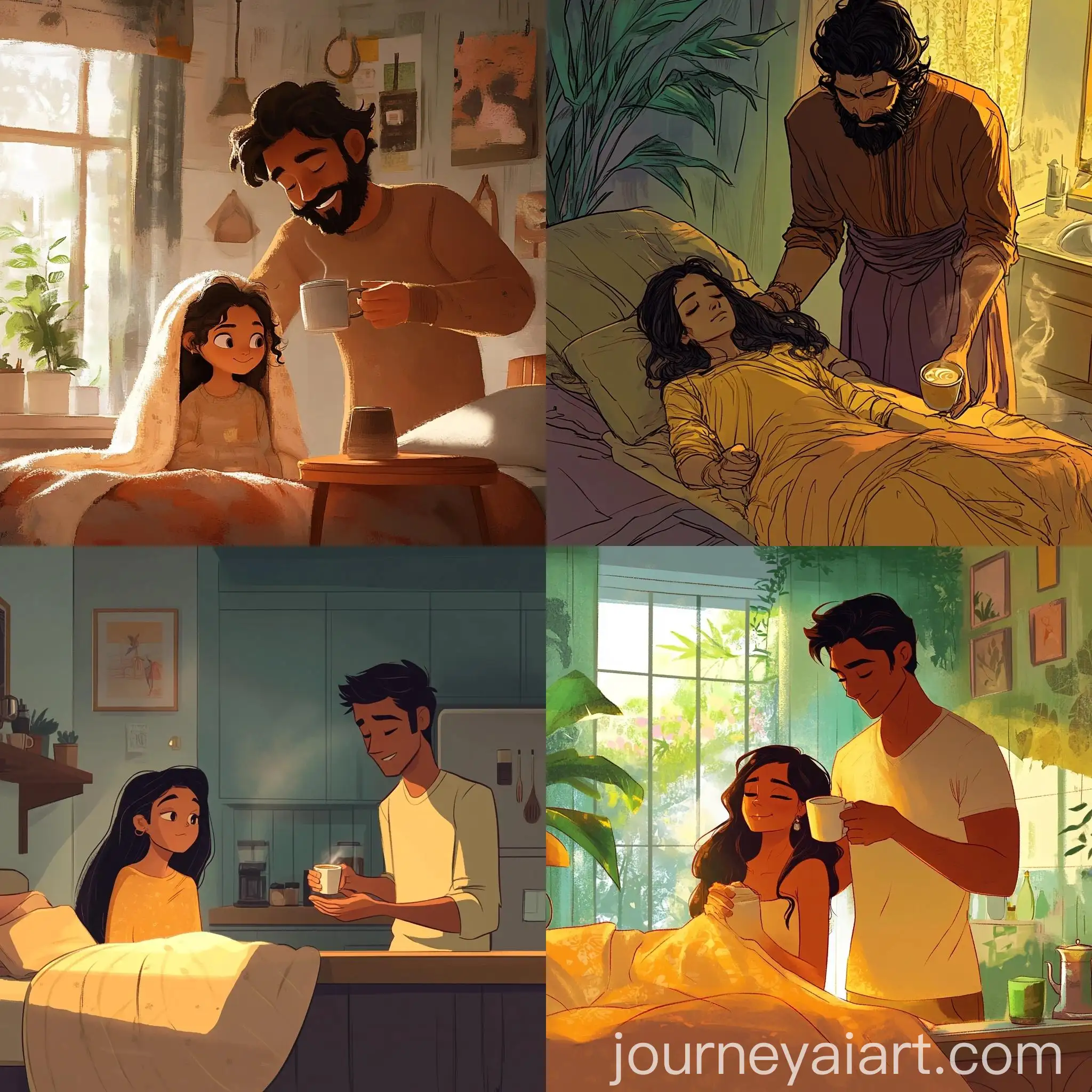 Father-Serving-Coffee-to-Daughter-in-Bedroom