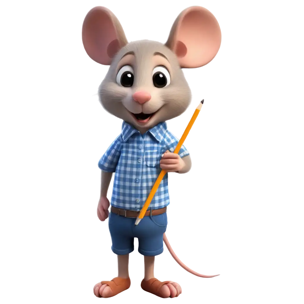 Funny-Cartoon-Mouse-in-Checkered-Shirt-Holding-Pencil-PNG-Image