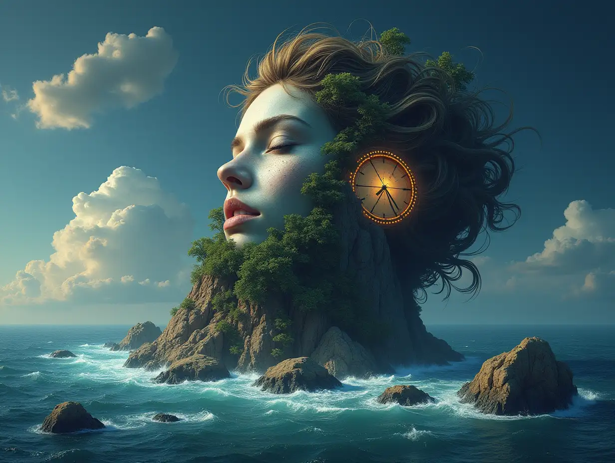 Face with hair transforms into a building with lit up clock and roots on an island with star sea with large stones and big waves