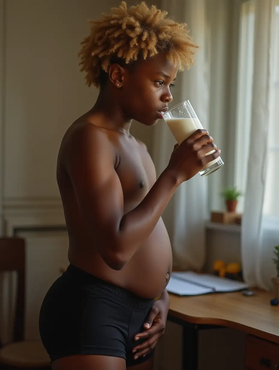 Adolescent-Ebony-Boy-with-Curly-Blonde-Hair-Drinking-Milk-at-Desk