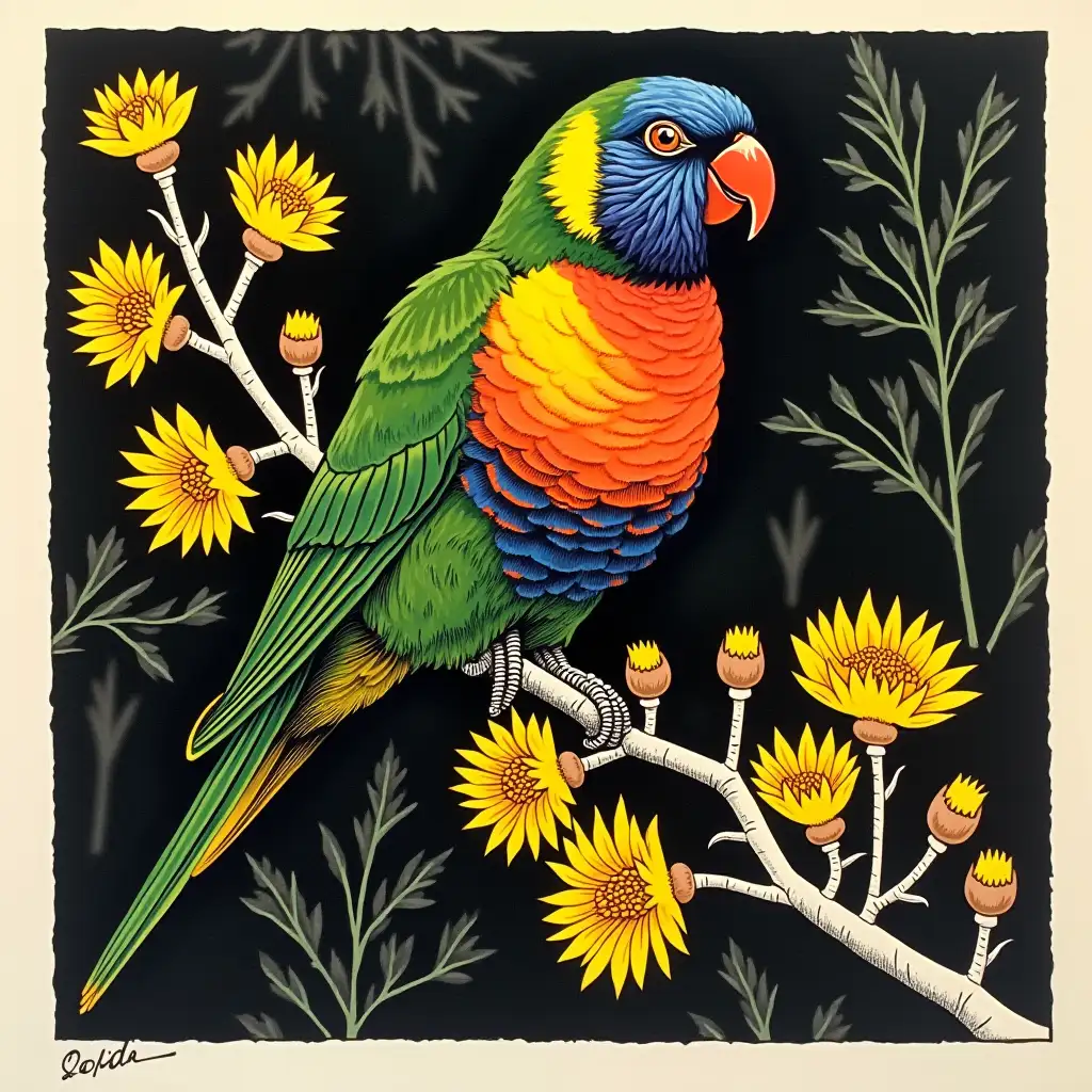 Lorikeet-Perched-on-Branch-with-Yellow-Flowers-in-Expressionist-Style