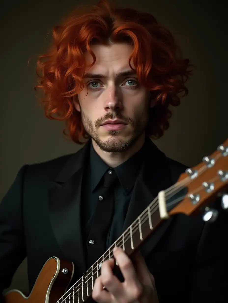 Handsome man with red, curly hair. Amber, tired eyes. Wide eyebrows. Dark circles under eyes. Long face. Upturned nose with a hump. Cheekbones. Tall. Plays guitar. Wearing gothic classic clothing. Photo in realism.