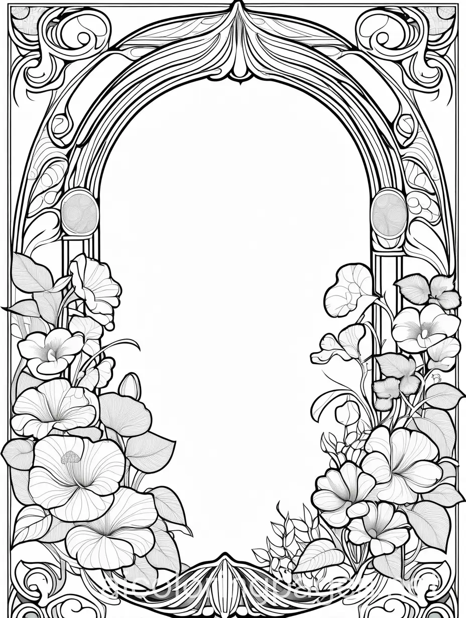 Coloring-Page-Bed-of-Beautiful-Flowers-with-Art-Nouveau-and-Tiffany-Mushroom