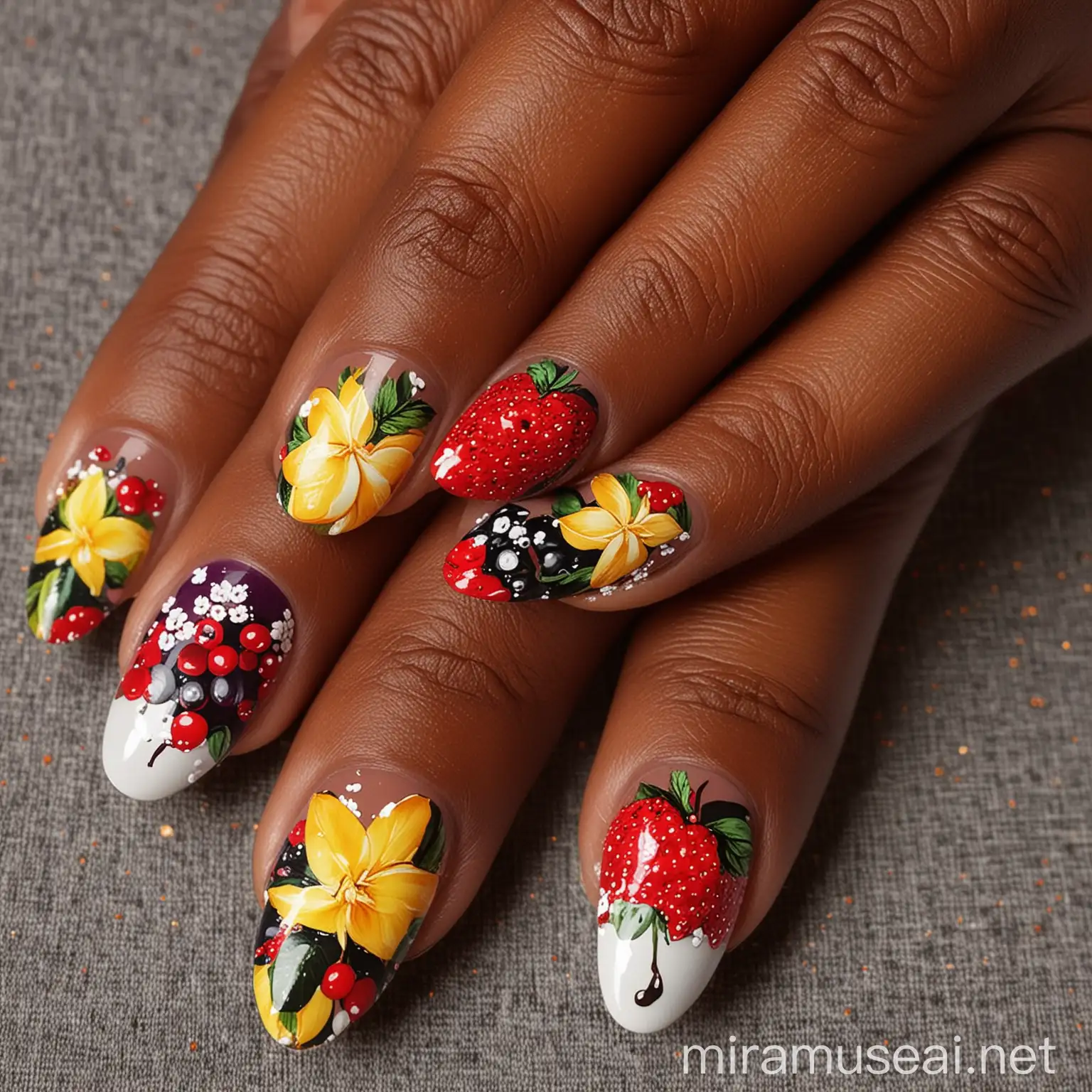 Dark Skin Summer Fruits Nail Art Design