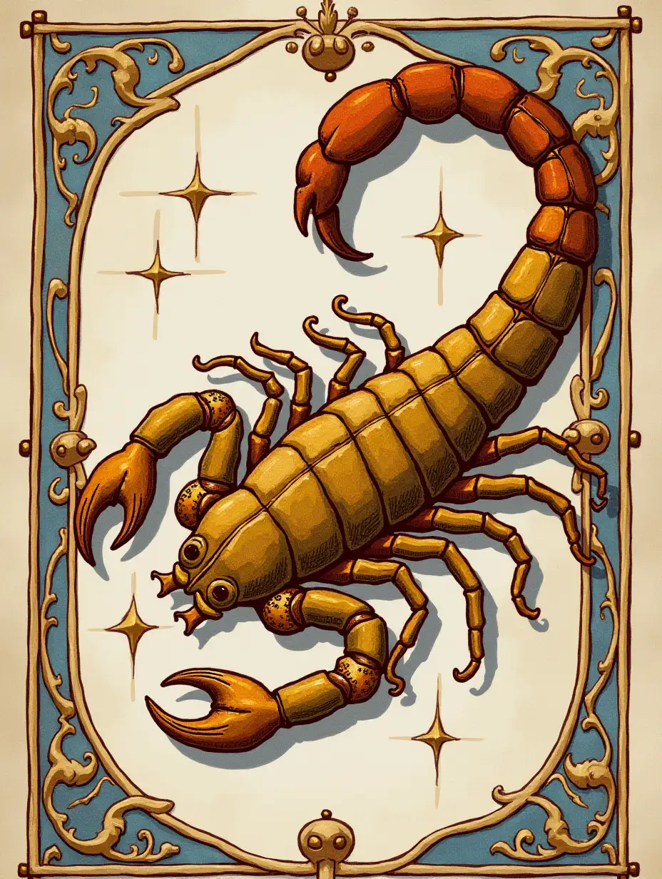 sign of the zodiac scorpio, in the style of a 15th-century book miniature, high detail