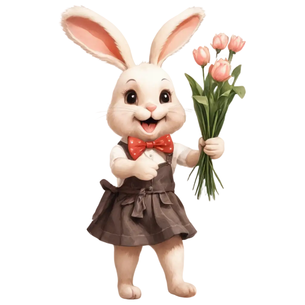 a cheerful rabbit with a bouquet of flowers