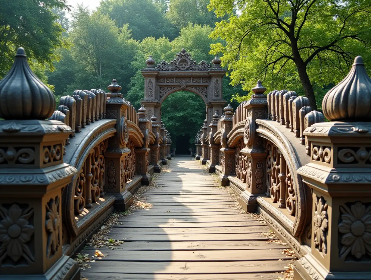 Intricately-Carved-Wooden-Bridge-Surrounded-by-Nature