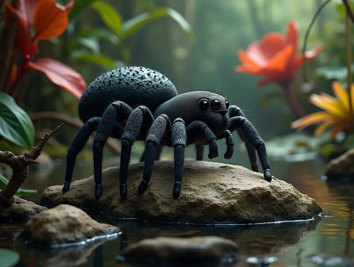 ultradetailed hyperrealistic portrait of a black bird spider on a rock, leaves, branches and a dense rainforest with a pond, elaborately detailed, colorful plants in the background colorful plants background