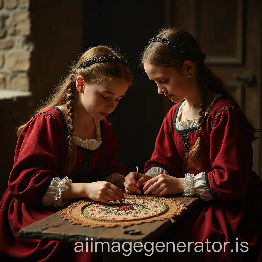 medieval mother and daughter are embroidering a medieval banner
