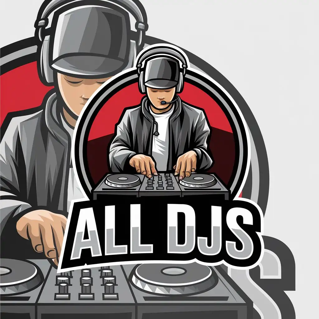 a vector logo design,with the text "All DJs", main symbol:DJ,Moderate,be used in Entertainment industry,clear background