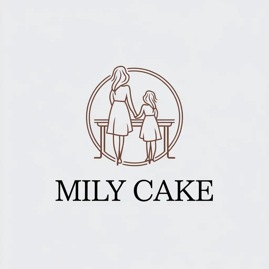 a vector logo design,with the text "mily cake", main symbol:Sisters two one older one younger by the table facing me,Minimalistic,be used in desserts industry,clear background