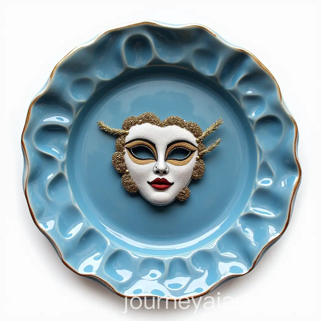 Blue-Italian-Ceramic-Plate-with-Venetian-Mask-Embroidery-in-Artistic-Frame