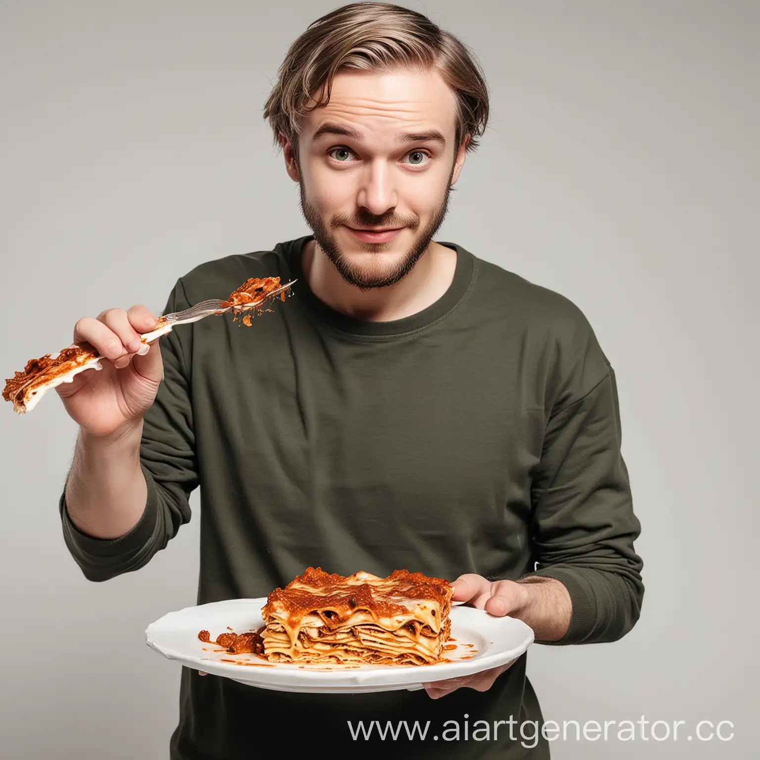 PewDiePie-Eating-Lasagna-and-Holding-a-Plate-on-White-Background