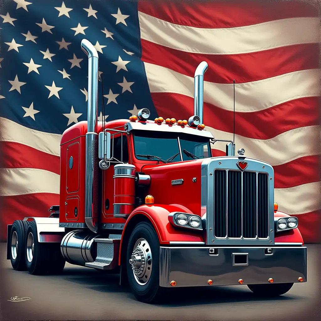 A powerful red semi-truck with chrome details and large exhaust pipes, parked in front of a waving American flag. The truck is bold and detailed, with a rugged, patriotic feel. The background flag has a vintage texture with deep red, white, and blue tones. The overall composition is dynamic. oil and neon