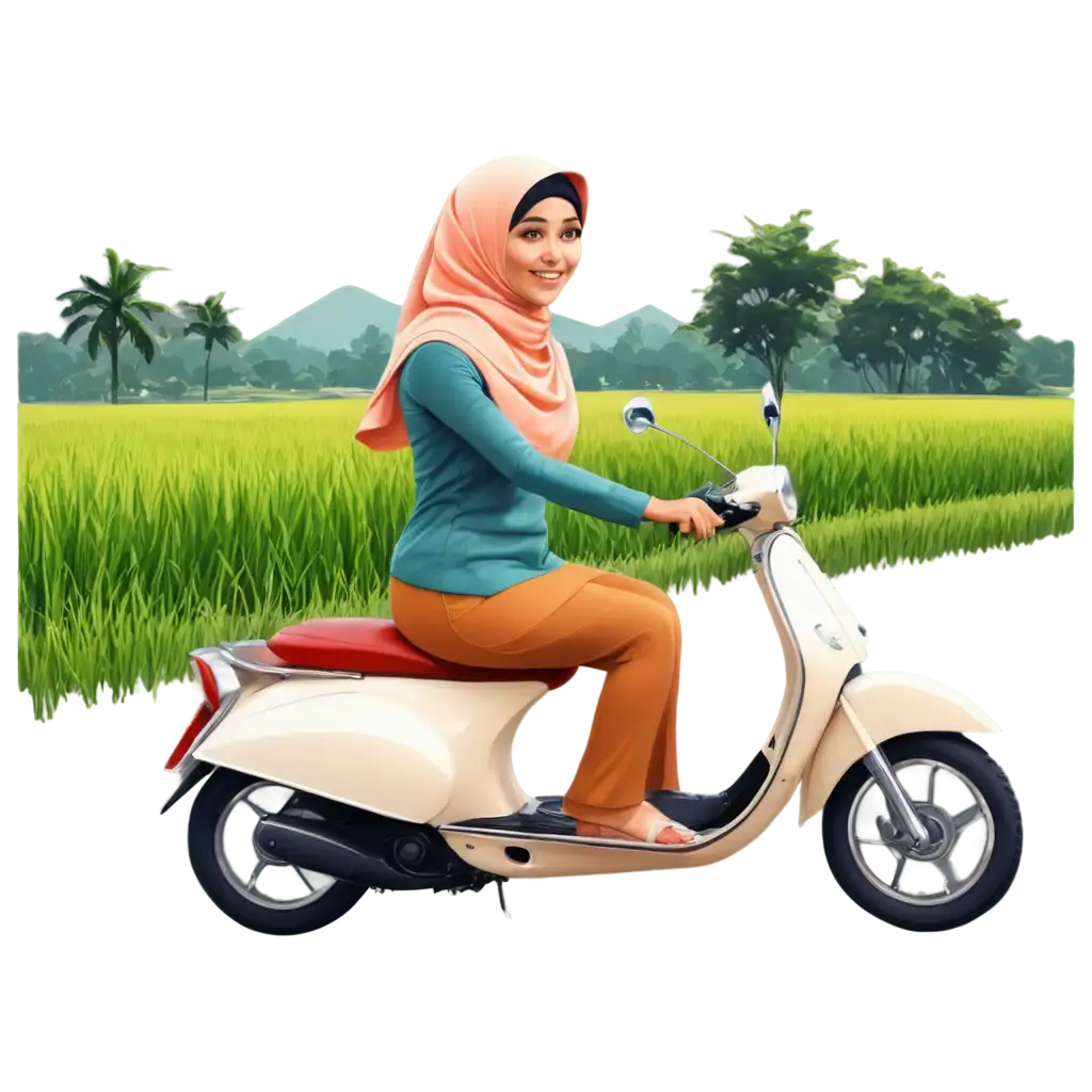 Illustration-of-a-Muslim-Woman-Riding-a-Vespa-in-a-Scenic-Rice-Field-HighQuality-PNG