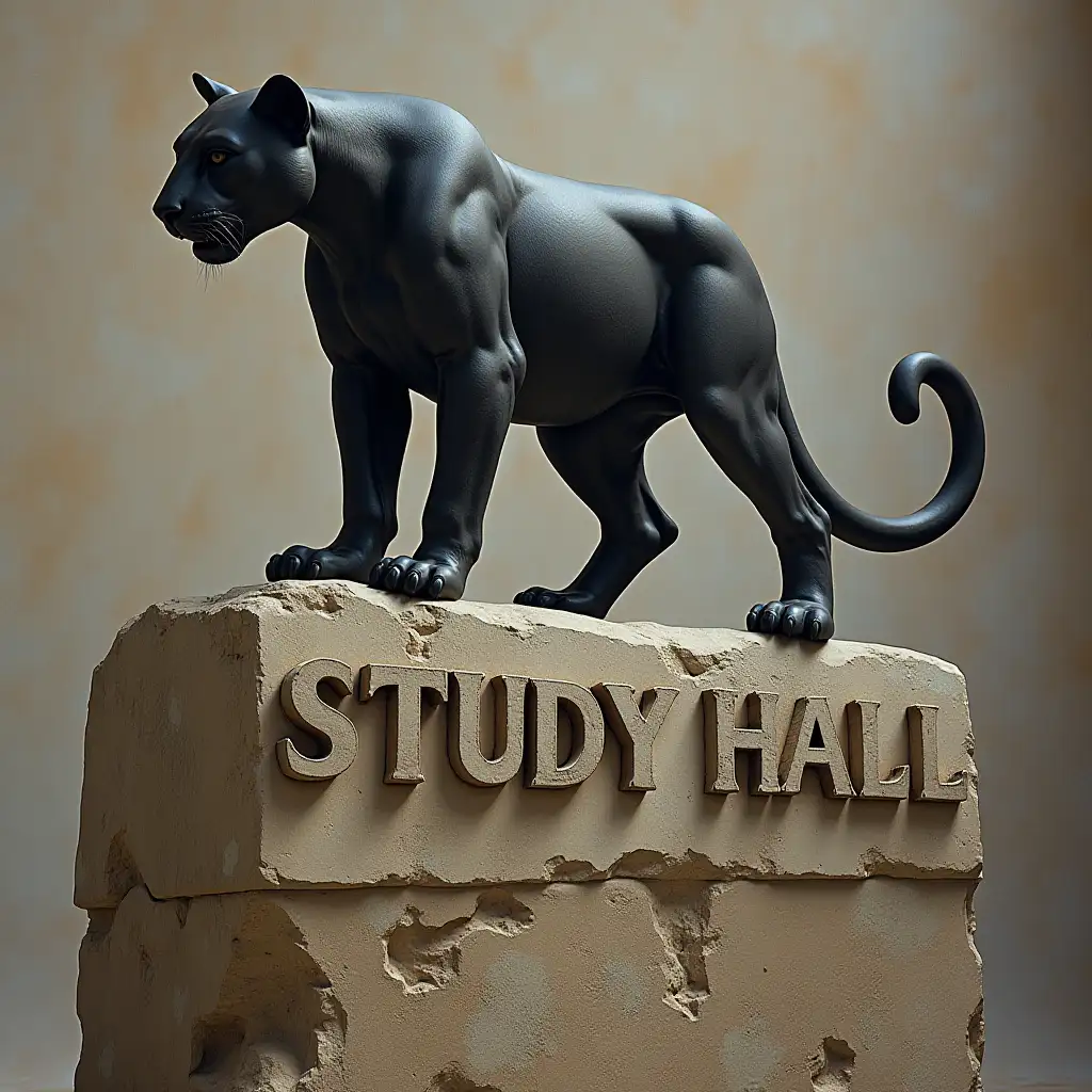 Generate a highly realistic photograph of a panther as depicted by the bible. Allow the image to cause the viewer to feel the body of Christ. The panther is standing majestically on top of the stone chiseled words ‘Study Hall’