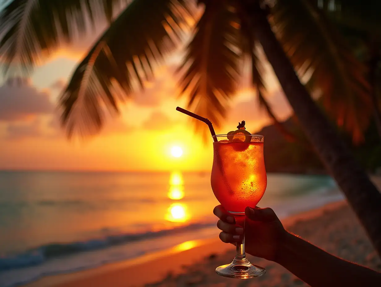 Sunset on the Beach under a coconut tree, with cocktail holding up hd