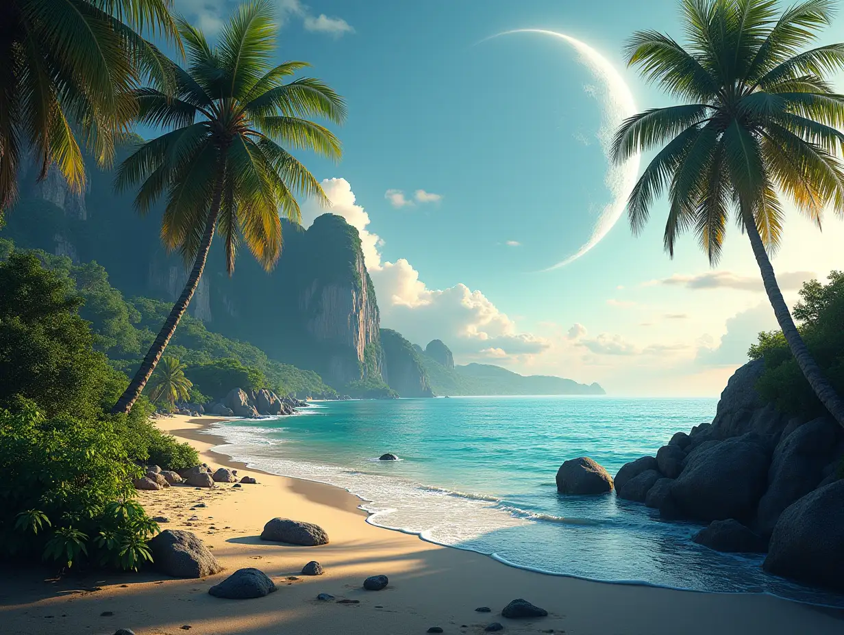 Create for me a photorealistic image of paradise on another planet