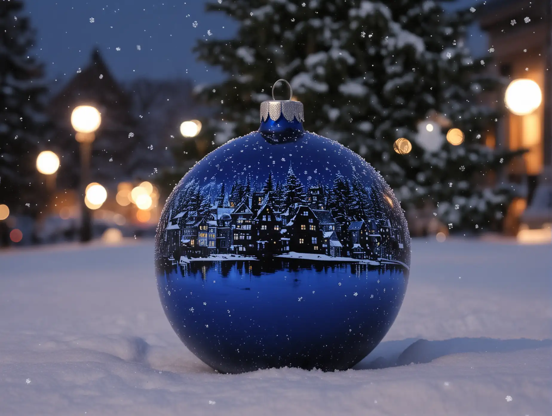 blue Christmas tree ball, 2025 digits, night, dark, low lighting, side lighting, photo, city, snow, Christmas tree