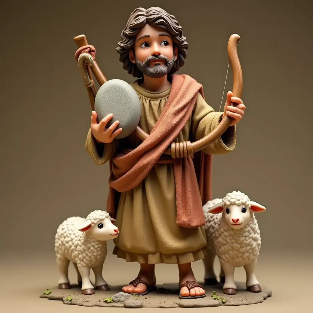 Shepherd david from the bible with sling and stone, a lamb, his harp as 3 accessories. All in his figurine toy boy