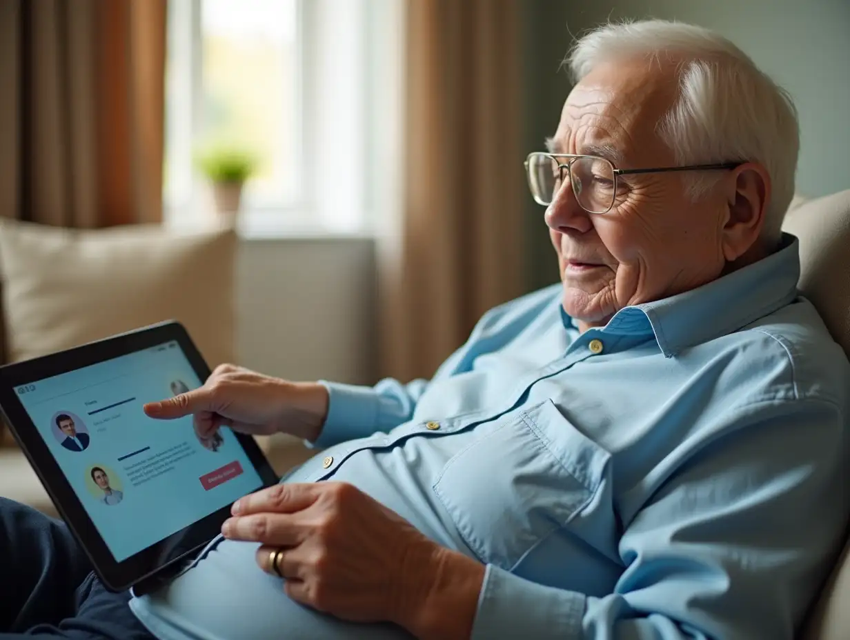 An image showing an elderly person using a tablet or computer, with a chat icon on the screen