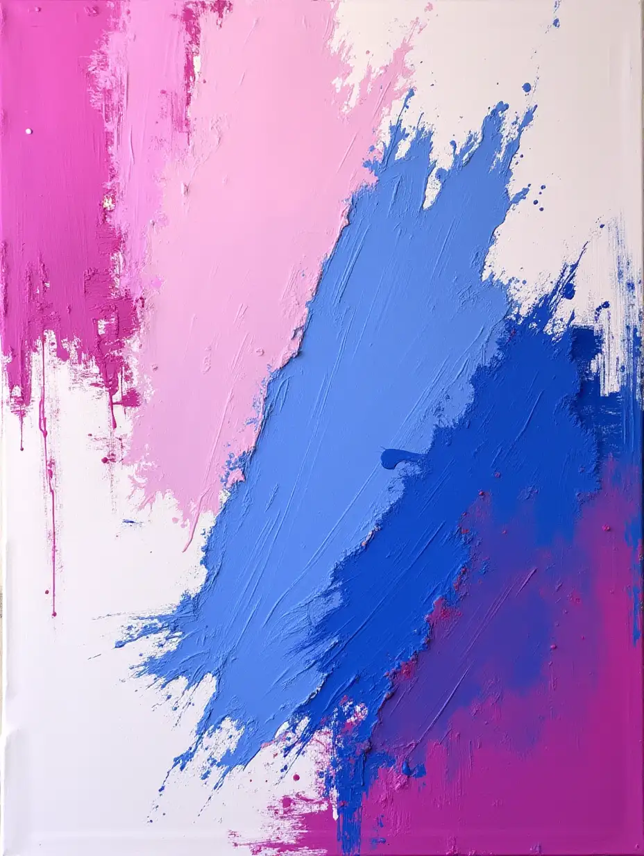 Create an abstract painting with jagged, textured brushstrokes in vibrant magenta, cobalt blue, and soft cream tones. Incorporate layers of overlapping colors and hints of scraped surfaces to give a raw, layered appearance. The composition should exude a vibrant and playful energy.