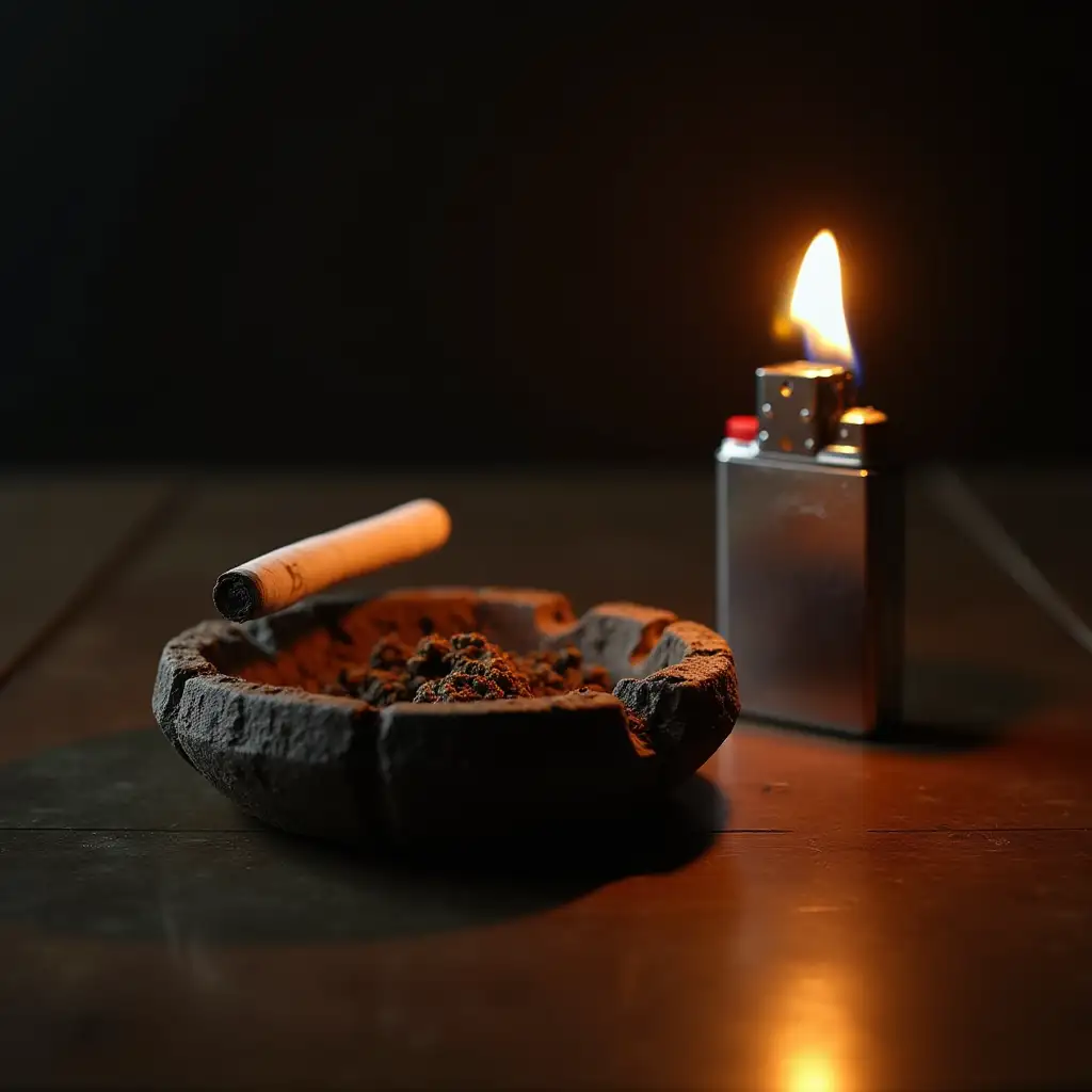 A disturbance on the table holds an ashtray with only a lit cigarette and near it stands an open and lit ZIPPO lighter